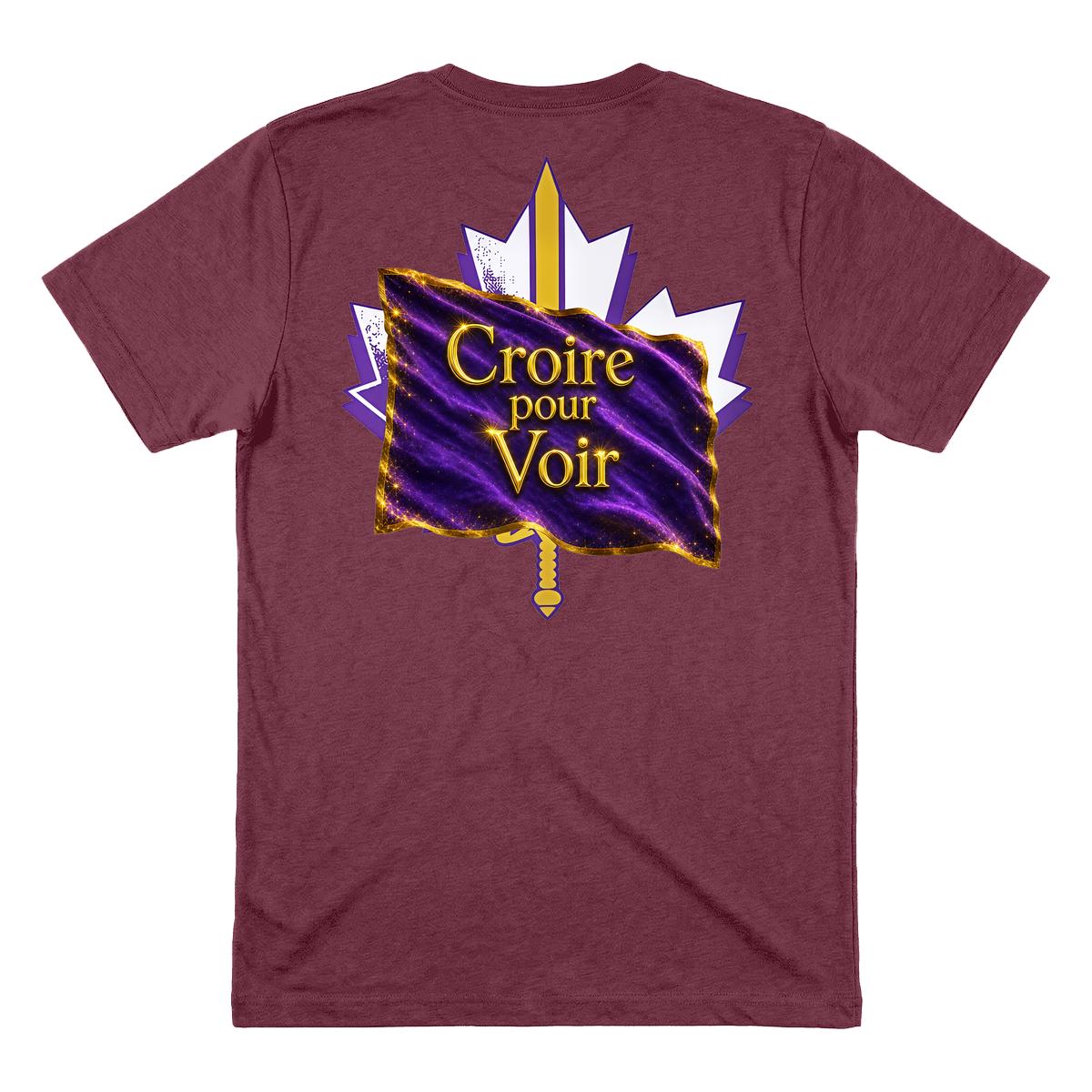 Vue arrière d’un t-shirt avec le texte « Croire Pour Voir » et l’illustration d’une Nation Guide.