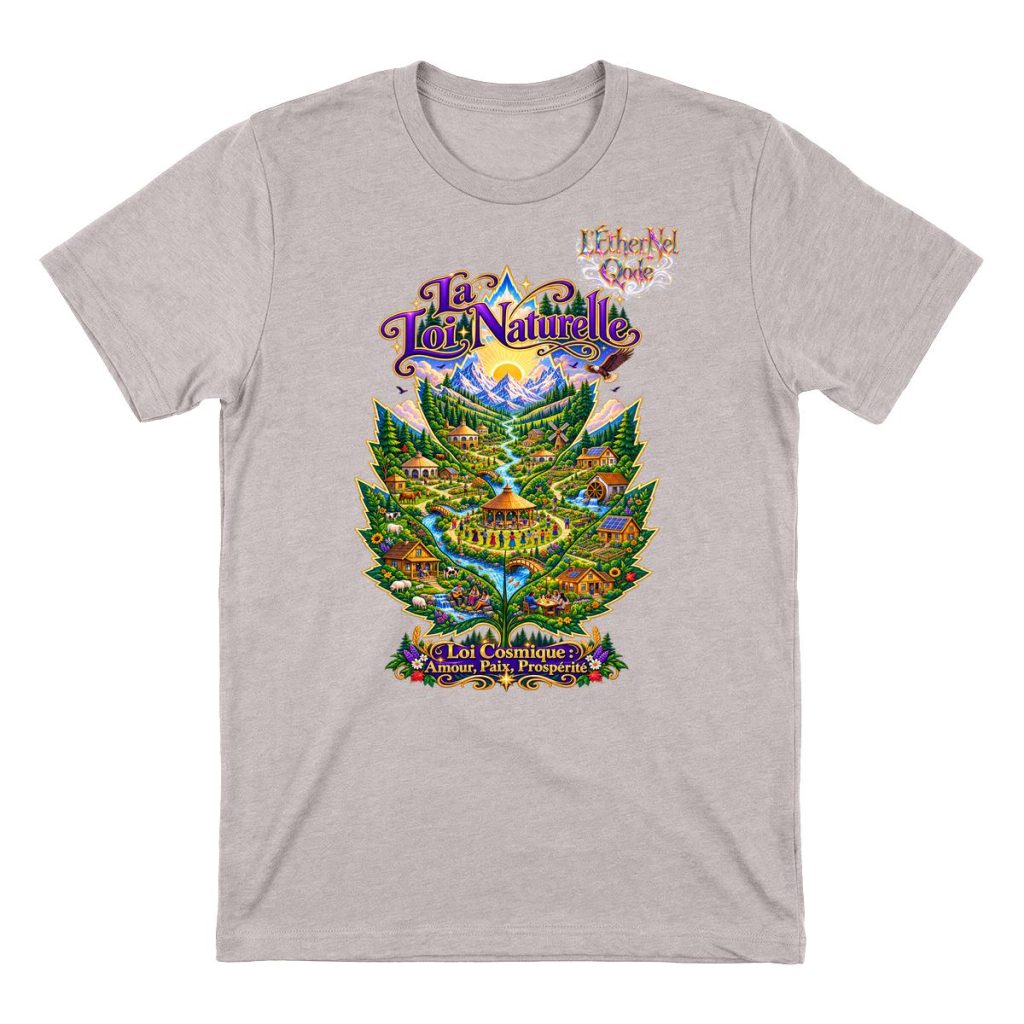 Vue avant d'un t-shirt montrant un éco-village avec des maisons rondes, des jardins fertiles, des rivières pures et des montagnes lumineuses.