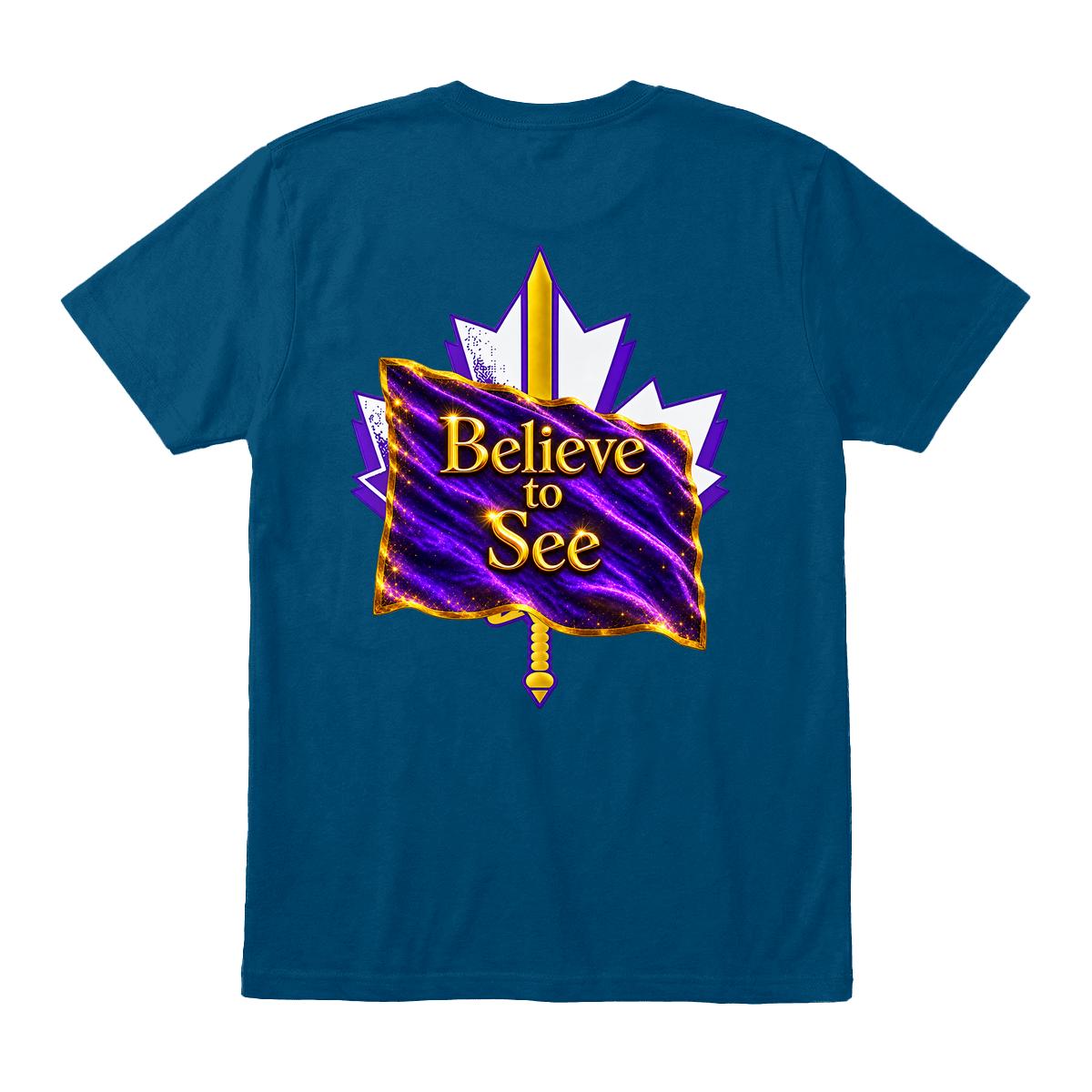 Back view of a T-shirt with the text “Believe To See” and an illustration of a Guiding Nation.