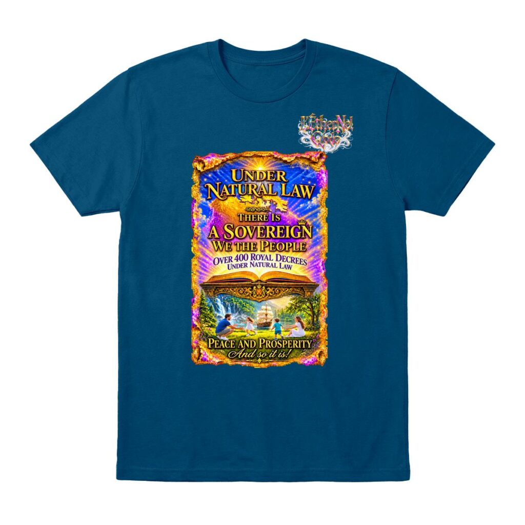 Front view of a T-shirt showing a joyful family under Natural Law, with Royal Decrees.