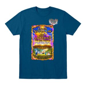 Front view of a T-shirt showing a joyful family under Natural Law, with Royal Decrees.
