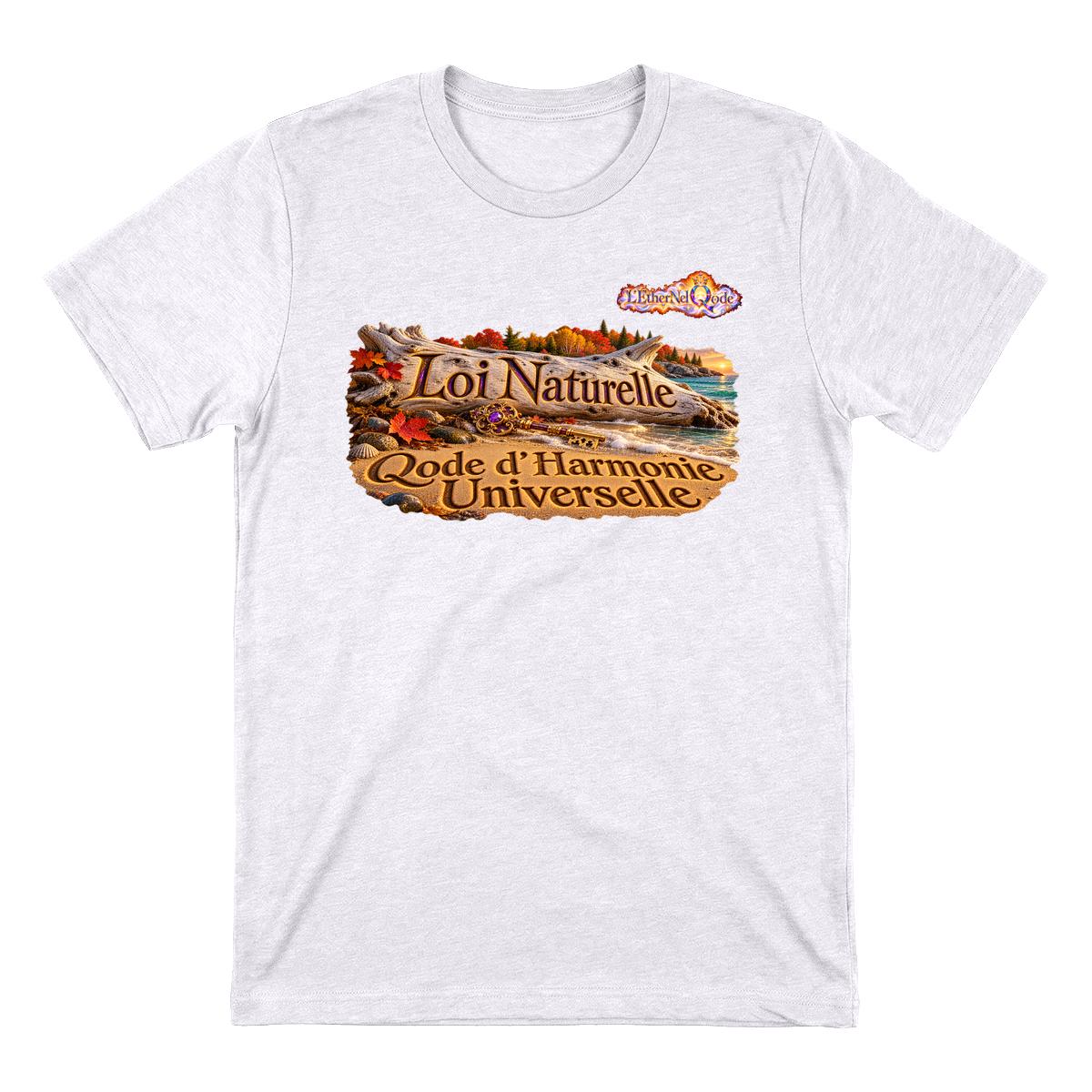 Vue avant d’un t-shirt blanc avec le visuel « Loi Naturelle – Qode d’Harmonie Universelle », paysage d’automne et clé dorée et violette.